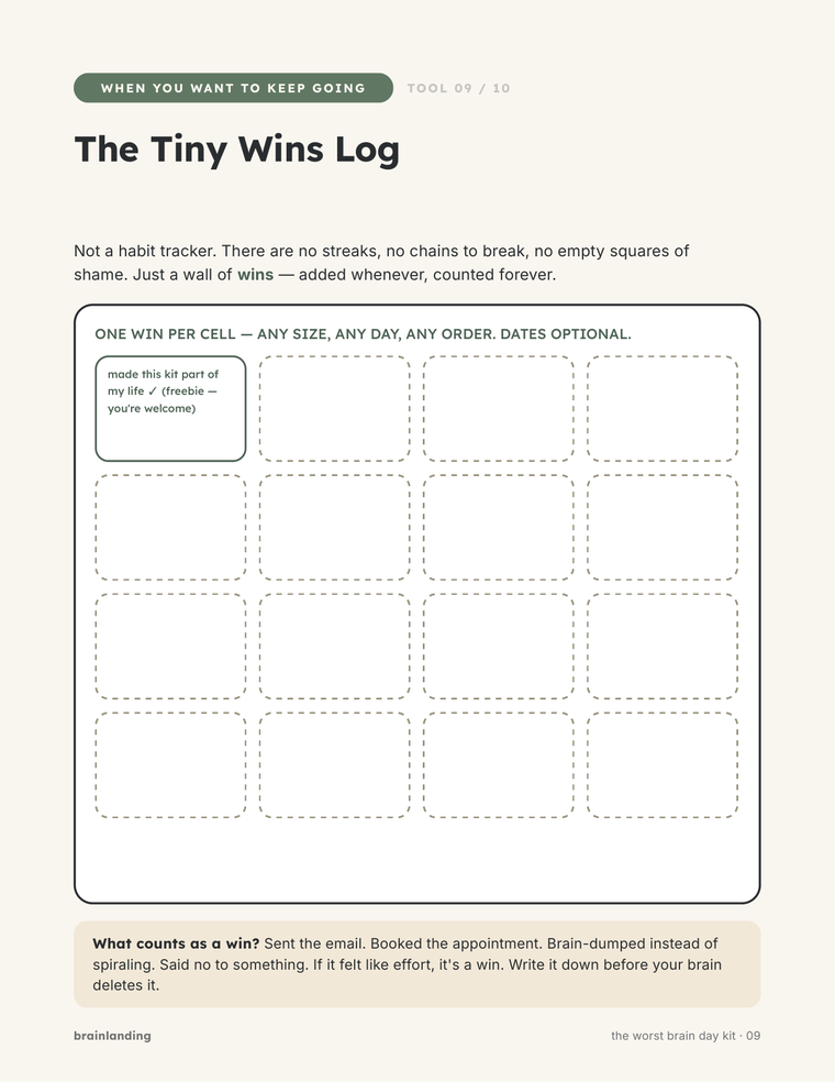 The Tiny Wins Log, a grid of cells to record small wins without streaks